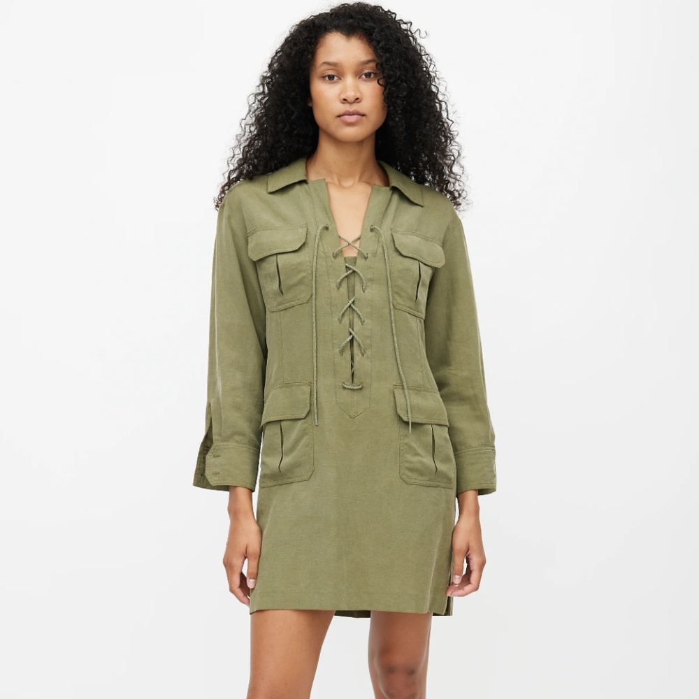 SMYTHE Olive Green Lace Up Front Tencel + Linen Utility Dress XS